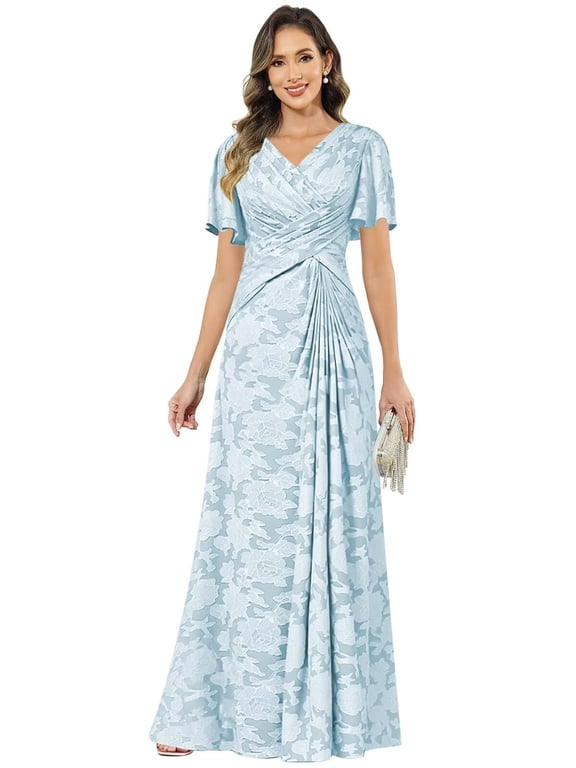 V‑Neck Lace Mother of the Bride Dress Flutter Sleeves Floral Jacquard Formal Dress WD011
