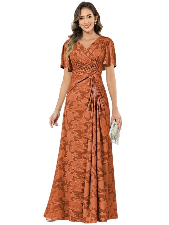 V‑Neck Lace Mother of the Bride Dress Flutter Sleeves Floral Jacquard Formal Dress WD011