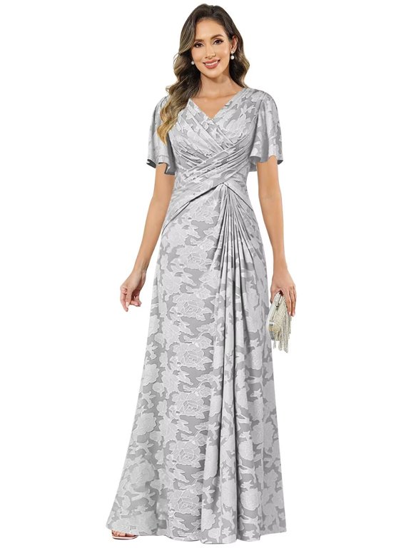 V‑Neck Lace Mother of the Bride Dress Flutter Sleeves Floral Jacquard Formal Dress WD011