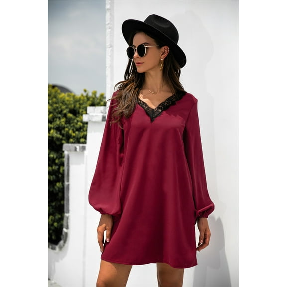 V Neck Lace Trim Bishop Sleeve Shift Dress Above Knee Length