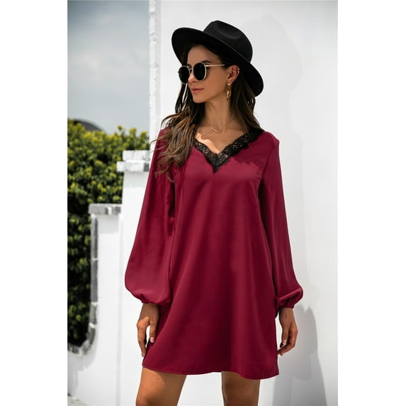 V Neck Lace Trim Bishop Sleeve Shift Dress Above Knee Length