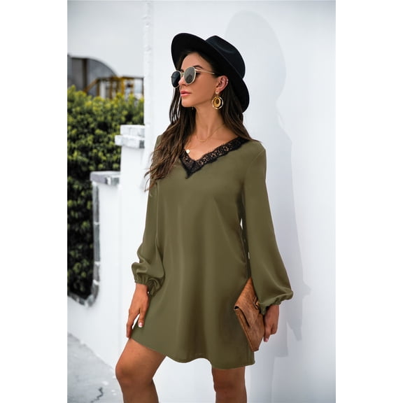 V Neck Lace Trim Bishop Sleeve Shift Dress Above Knee Length