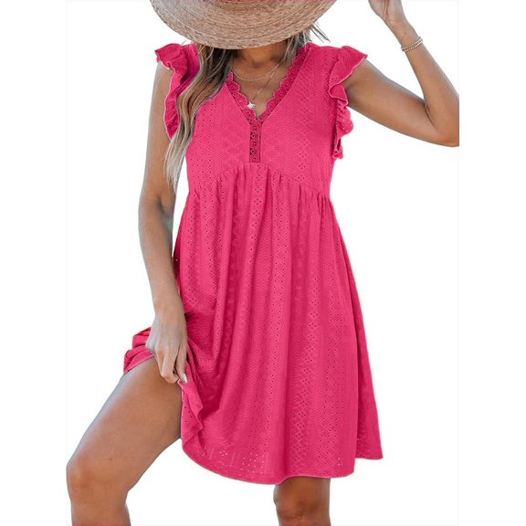 V-Neck Lace Trim Short-Sleeved Cardigan Dress Rose Red XL