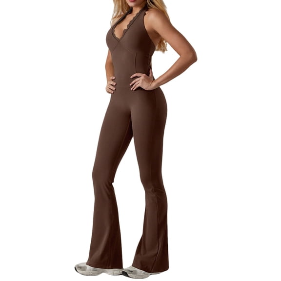 V Neck Lace Yoga Jumpsuit for Women, Backless Tight Fit One Piece Workout Romper with Flared Pants, Quick Dry Stretch Activewear for Gym, Dance, Fitness, Daily Wear