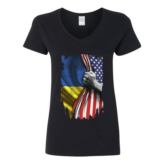 V-Neck Ladies America USA Ukraine Ukrainian Flag Map People Support DT T-Shirt Tee