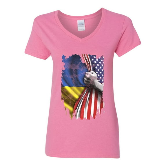 V-Neck Ladies America USA Ukraine Ukrainian Flag Map People Support DT T-Shirt Tee