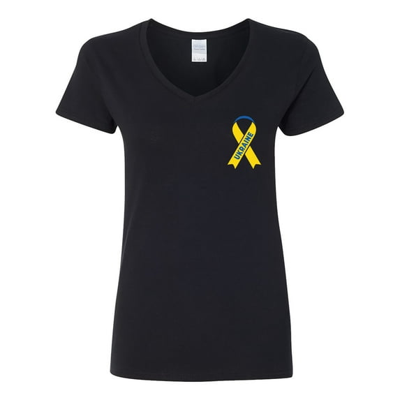 V-Neck Ladies Left Chest Ribbon Ukraine Ukrainian Pride DT T-Shirt Tee