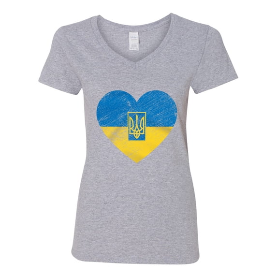 V-Neck Ladies Ukraine Ukrainian Heart Logo Love Flag Pride DT T-Shirt Tee