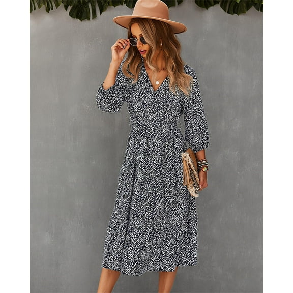 V Neck Leopard Print Ribbon Tie Waist Tiered Dress for Women