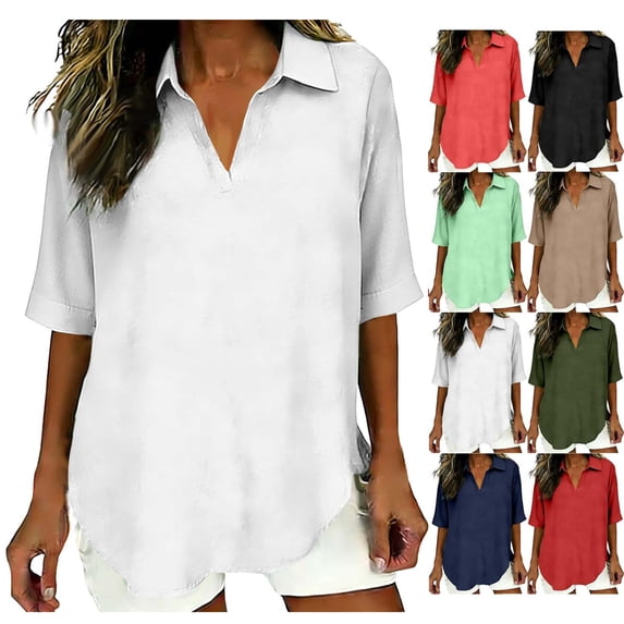 V-Neck Linen Shirt for Women Collared Elbow-Length Tees Shirts Travel Casual Loose Pullover Classic T-Shirt