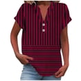 thumbnail image 1 of V Neck Linen Tops for Women Dressy Casual Button Trendy Floral Printed Blouses Loose Fit Short Sleeve T Shirts (2XL, Red), 1 of 5