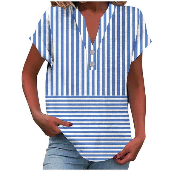 V Neck Linen Tops for Women Dressy Casual Button Trendy Floral Printed Blouses Loose Fit Short Sleeve T Shirts (L, Blue 1)