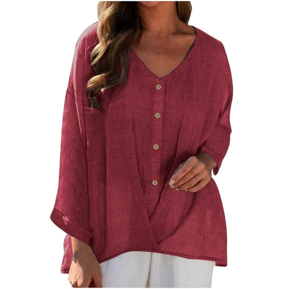 V-Neck Long Sleeve Blouse for Women Solid Color Cotton Linen Button Shirts Loose-Fit Pleated Casual Tops