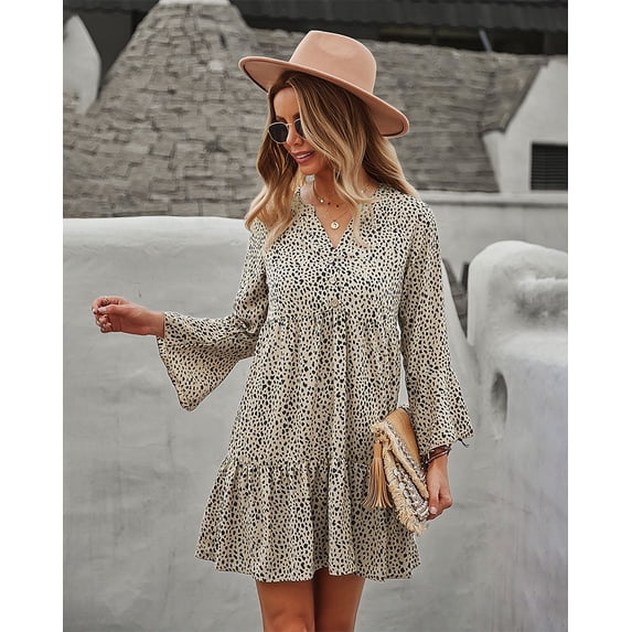 V Neck Long Sleeve Button Detail Dotted Print Dress for Women
