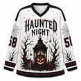 thumbnail image 1 of V Neck Long Sleeve Graphic Top For Women Halloween Haunted Night Theme Hockey Jersey Relaxed Fit Casual Long Sleeve Shirt Ideal For Halloween Party And Holiday Gathering White L, 1 of 6