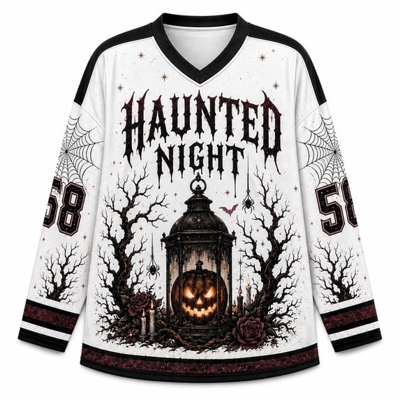 V Neck Long Sleeve Graphic Top For Women Halloween Haunted Night Theme Hockey Jersey Relaxed Fit Casual Long Sleeve Shirt Ideal For Halloween Party And Holiday Gathering White L