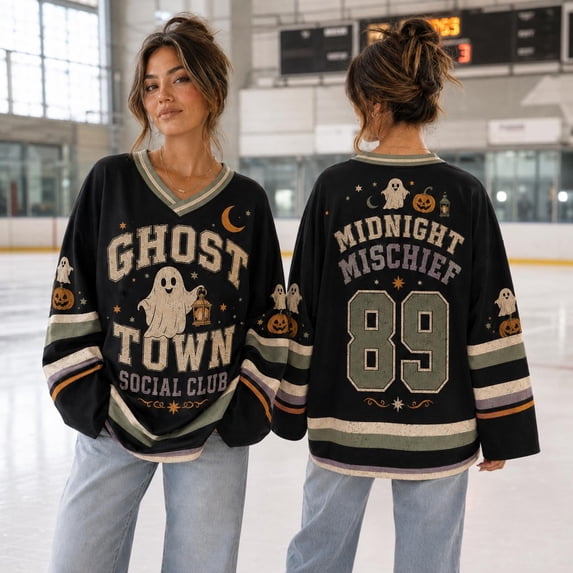V Neck Long Sleeve Graphic Top For Women Halloween Haunted Night Theme Hockey Jersey Relaxed Fit Casual Long Sleeve Shirt Ideal For Halloween Party And Holiday Gathering White 2XL