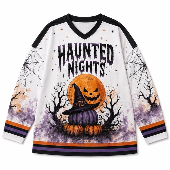 V Neck Long Sleeve Graphic Top For Women Halloween Haunted Night Theme Hockey Jersey Relaxed Fit Casual Long Sleeve Shirt Ideal For Halloween Party And Holiday Gathering White M