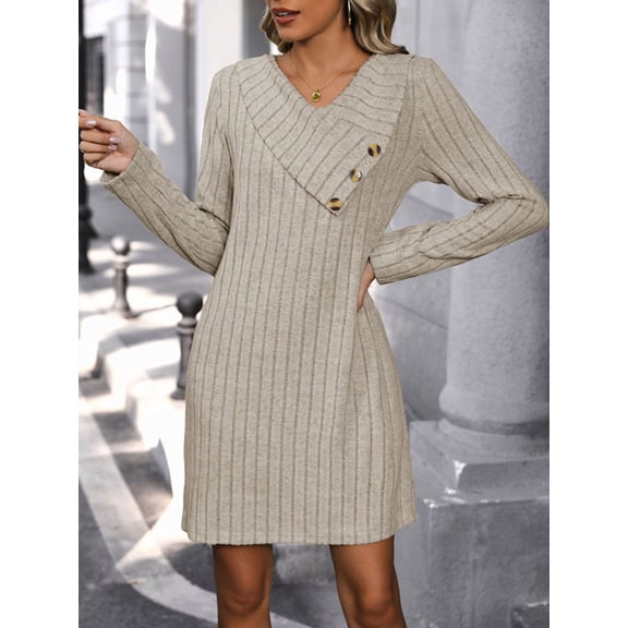 V-Neck Long Sleeve Knit Dress – Classic Elegance with a Modern Twist