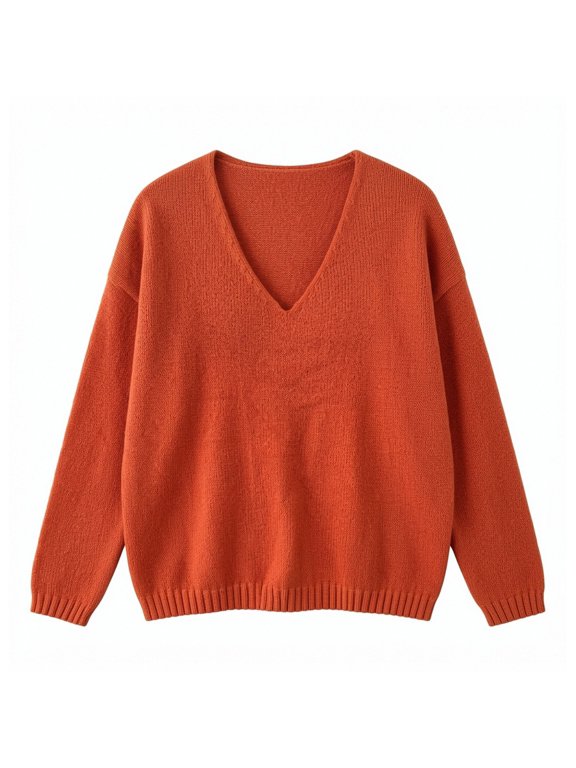 V Neck Long Sleeve Knit Pullover Sweaters for Women Loose Tops Fashion Clothing Knit Sweater Trendy Lightweight Interview Outfits Solid Color Plain Basic Tops Vintage Sweater,Red,S
