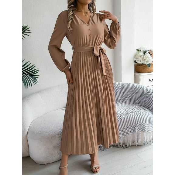 V-Neck Long Sleeve Midi Dress Women's Vintage Dress Mini Dress Pleated High Waist Elegant Formal V Neck Long Sleeve Blue Green Khaki Color