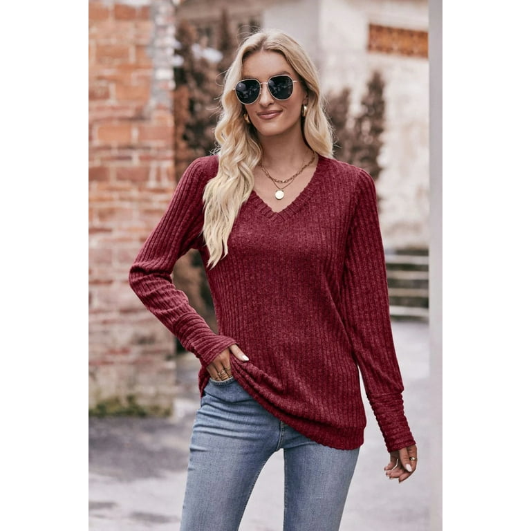v neck ribbed long sleeve top