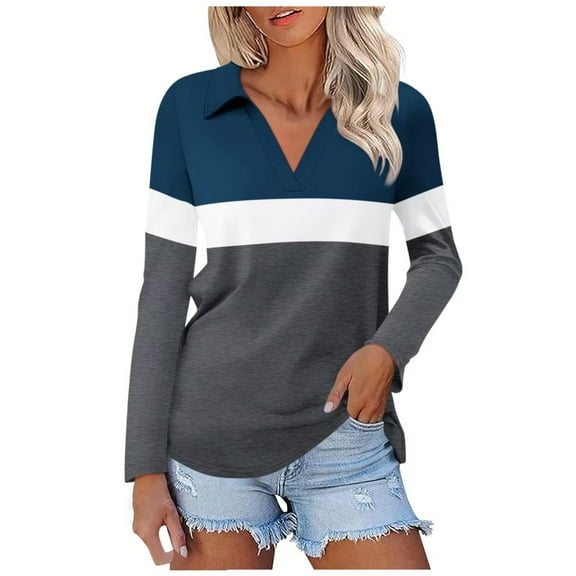 V Neck Long Sleeve Shirts For Women Color Block Loose Fashion Dressy Casual Tunic Tops Breathable Summer Work Tee Pullover Outfits Blue S
