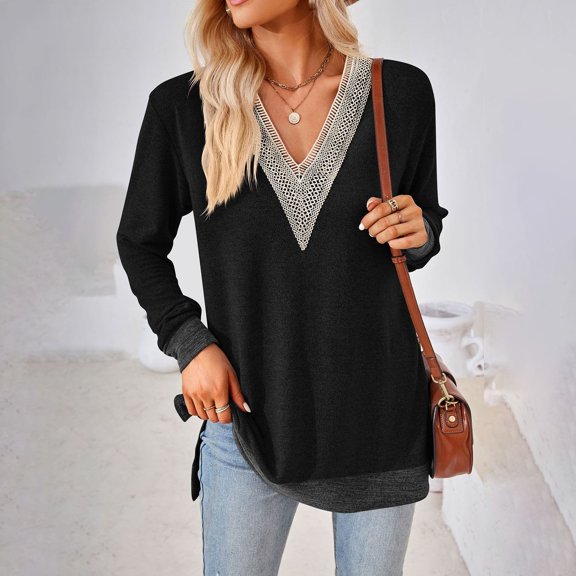 V Neck Long Sleeve Shirts For Women Solid Color Loose Classic Dressy Casual T Shirts Lightweight Fall Basic Work Tee Vacation Clothes Black L