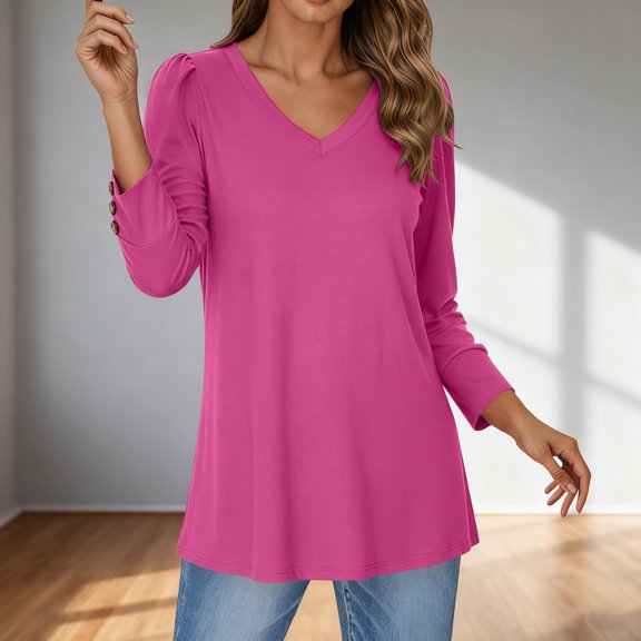 V Neck Long Sleeve Shirts For Women Solid Color Loose Classic Dressy Casual Tunic Tops Breathable Summer Work Tee Pullover Outfits RD2 L