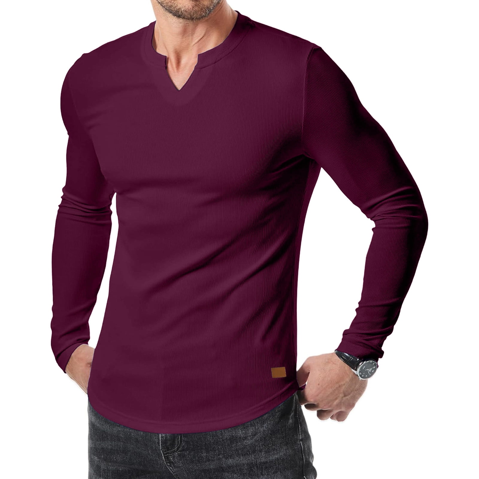 V Neck Long Sleeve Shirts for Men Tapered Henley Cotton T-Shirts