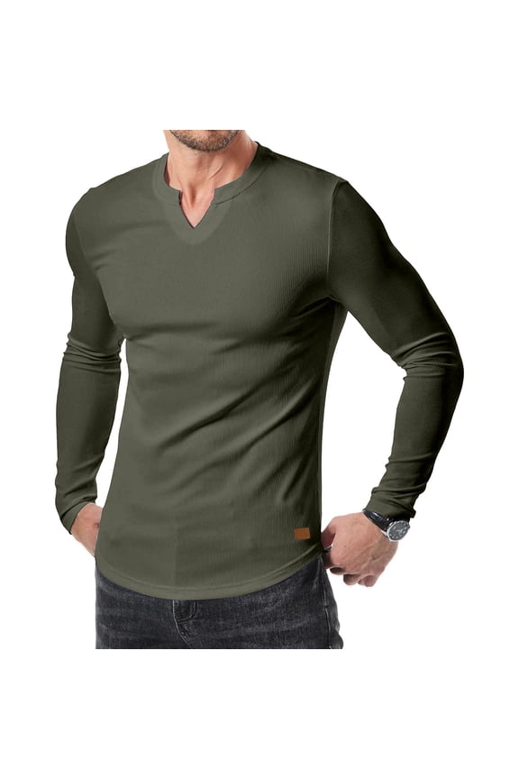 V Neck Long Sleeve Shirts for Men Tapered Henley Cotton T-Shirts Pullover Slim Fit Muscle Longline Ribbed Tee Shirts