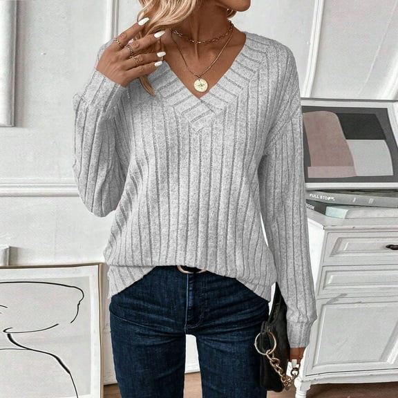 V Neck Long Sleeve Shirts for Women Casual Fall Tops Lightweight Tunic Sweaters Fashion Clothes Loose Fit 2025 Gray L