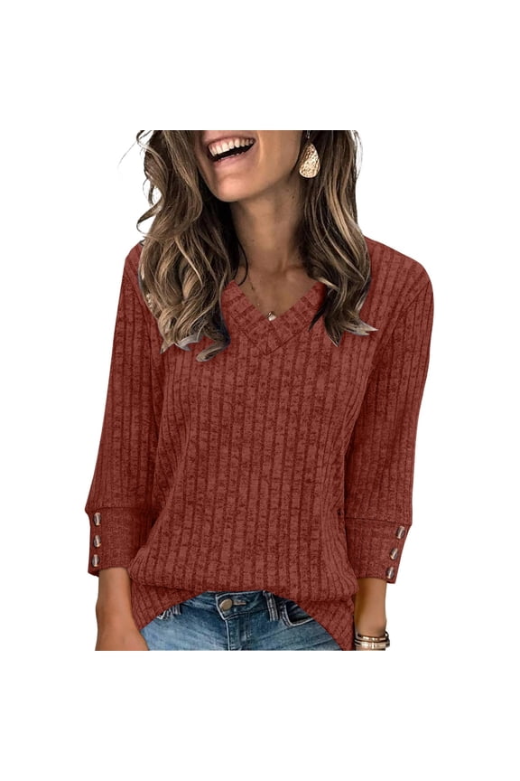 V Neck Long Sleeve Shirts for Women Casual Loose Tops Lightweight Tunic Sweaters, M