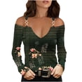 thumbnail image 1 of V Neck Long Sleeve Shirts for Women Cold Shoulder Tee Solid Graphic Color Block Casual Plus Size Tunic Tops Fashion Pullover(Army Green,M), 1 of 5