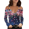 thumbnail image 1 of V Neck Long Sleeve Shirts for Women Cold Shoulder Tee Solid Graphic Color Block Casual Plus Size Tunic Tops Fashion Pullover(Dark Blue,M), 1 of 5