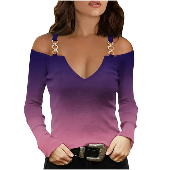 V Neck Long Sleeve Shirts for Women Cold Shoulder Tee Solid Graphic Color Block Casual Plus Size Tunic Tops Fashion Pullover(Multicolor,XXL)
