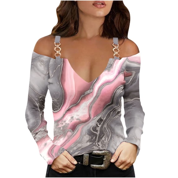 V Neck Long Sleeve Shirts for Women Cold Shoulder Tee Solid Graphic Color Block Casual Plus Size Tunic Tops Fashion Pullover(Pink,L)