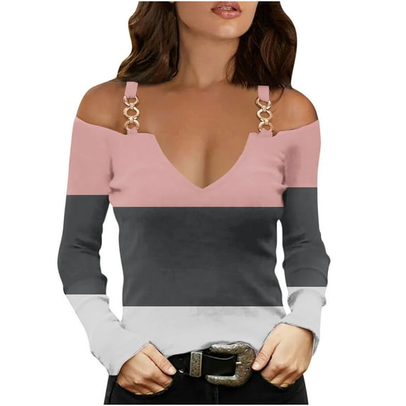 V Neck Long Sleeve Shirts for Women Cold Shoulder Tee Solid Graphic Color Block Casual Plus Size Tunic Tops Fashion Pullover(Pink,XXXL)