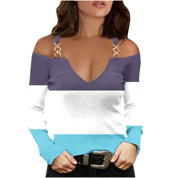 V Neck Long Sleeve Shirts for Women Cold Shoulder Tee Solid Graphic Color Block Casual Plus Size Tunic Tops Fashion Pullover(Sky Blue,S)
