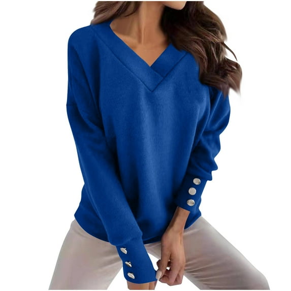 V-Neck Long Sleeve Sweater Women Thin Knit Button Ribbed Cuff Winter Warm Pullover Tops Office to Evening Stretch Tunic Sweaters