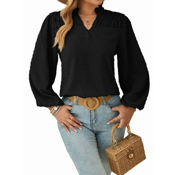 V Neck Long Sleeve Tops for Women Dressy Casual Blouse Pom Pom Shirt Flowy Spring Fashion Black L