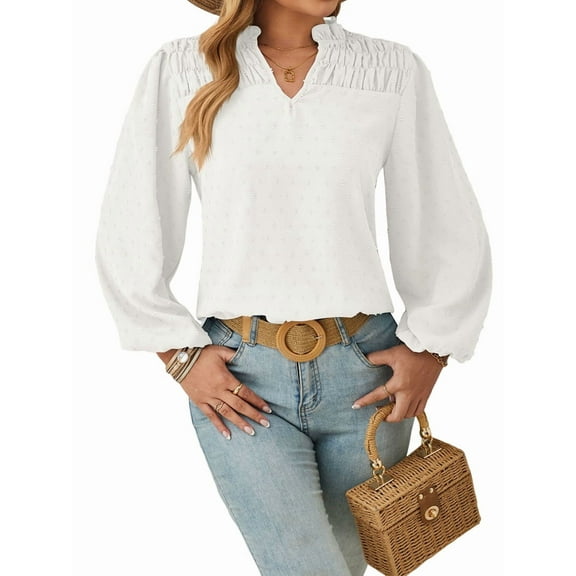 V Neck Long Sleeve Tops for Women Dressy Casual Blouse Pom Pom Shirt Flowy Spring Fashion White XL