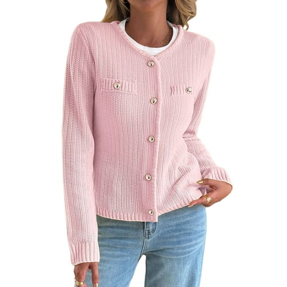 V-Neck Long Sleeves Cardigan Sweaters for Women Fall Winter Chunky Cropped Button Down Knit Sweater Jackets Pink M