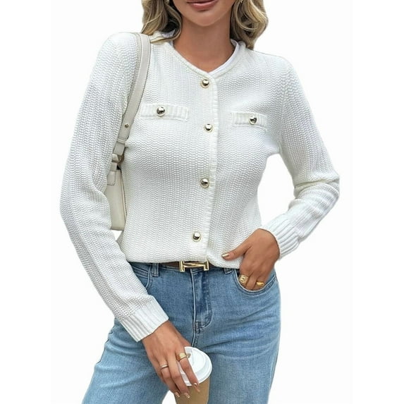 V-Neck Long Sleeves Cardigan Sweaters for Women Fall Winter Chunky Cropped Button Down Knit Sweater Jackets White S