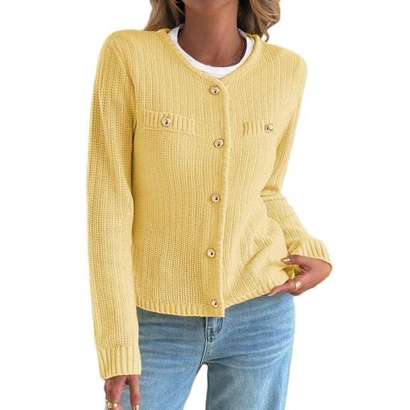 V-Neck Long Sleeves Cardigan Sweaters for Women Fall Winter Chunky Cropped Button Down Knit Sweater Jackets Yellow M