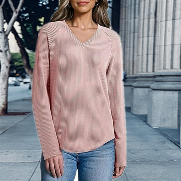 V Neck Loose Casual T Shirt, Fashionable Long Sleeved Button Top, Pink 2XL, Size S-XXL
