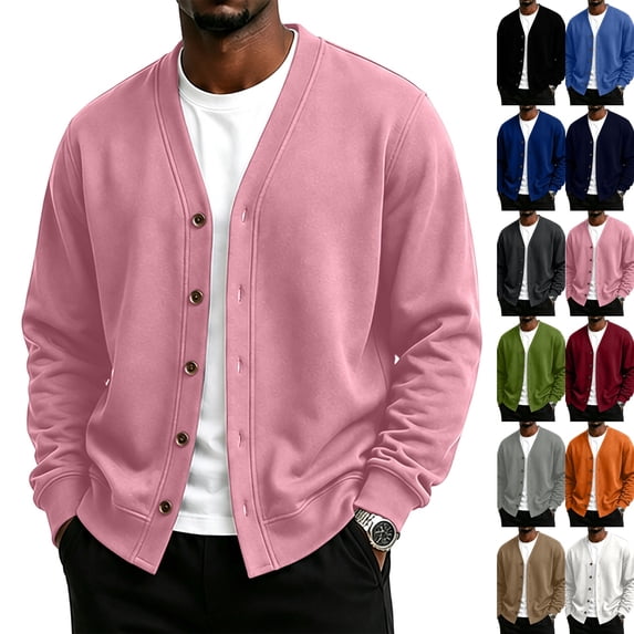 V‑Neck Loose Fit Cardigan for Men Long Sleeve Button Down Casual Coat Soft Stretch Fall Basic Jacket for Work Travel Hiking Daily Wear,L,Pink