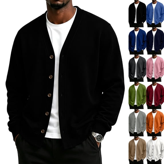 V‑Neck Loose Fit Cardigan for Men Long Sleeve Button Down Casual Coat Soft Stretch Fall Basic Jacket for Work Travel Hiking Daily Wear,S,Navy