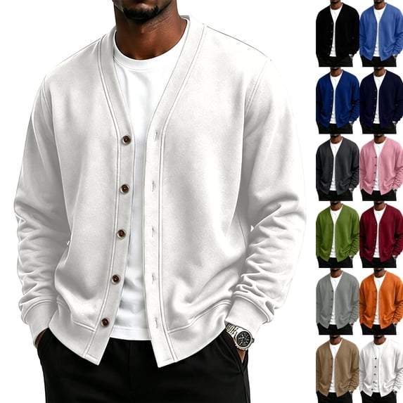 V‑Neck Loose Fit Cardigan for Men Long Sleeve Button Down Casual Coat Soft Stretch Fall Basic Jacket for Work Travel Hiking Daily Wear,XL,White