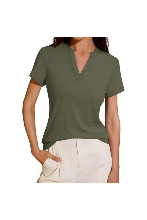 V Neck Loose Fit Short Sleeve Shirt For Women Spring Summer Tail Hem Blouse Top